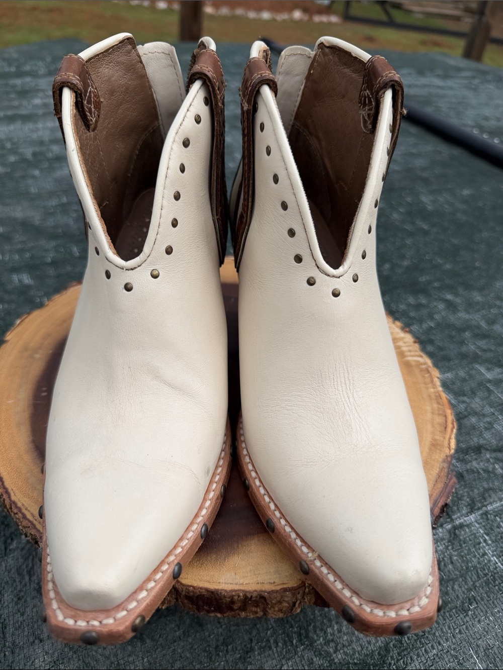 Women's Cream and Brown Western Ankle Boot - Picture 3 of 6